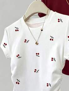 SHEIN Tween女孩收腰短袖T恤盲盒 3合1隨機發貨 櫻桃印花短袖T恤 白色 黑色 酒紅色 適合外出街頭穿搭 日常基礎百搭 春夏秋冬四季皆宜 - 彩色 - 查看 5