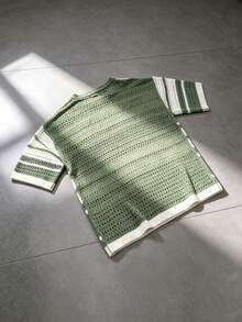 Manfinity CasualKnits 男士拼色條紋短袖針織上衣 - 綠色 - 查看 2