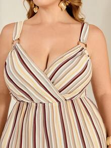 Roveilla Damen-Jumpsuit in großen Größen mit Spaghettiträgern, V-Ausschnitt, Ring-Schnallen-Dekor, elastischem Bund, lockerem weitem Bein und Seitentaschen, mehrfarbig gestreift, französischer eleganter Vintage-Stil, formell für Büro und Pendeln, lässig für Strand, Urlaub, Western-Streetstyle, minimalistisch, vielseitig, für Nachmittagstee, Party, Zuhause und Lässig, bequem, Boho, Frühling/Sommer, neu - Verschiedenfarbig - Übersicht 7