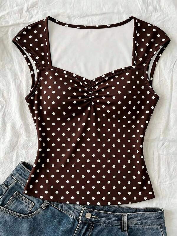 Teen Girl Polka Dot Print Pleated Cap Sleeve T-Shirt