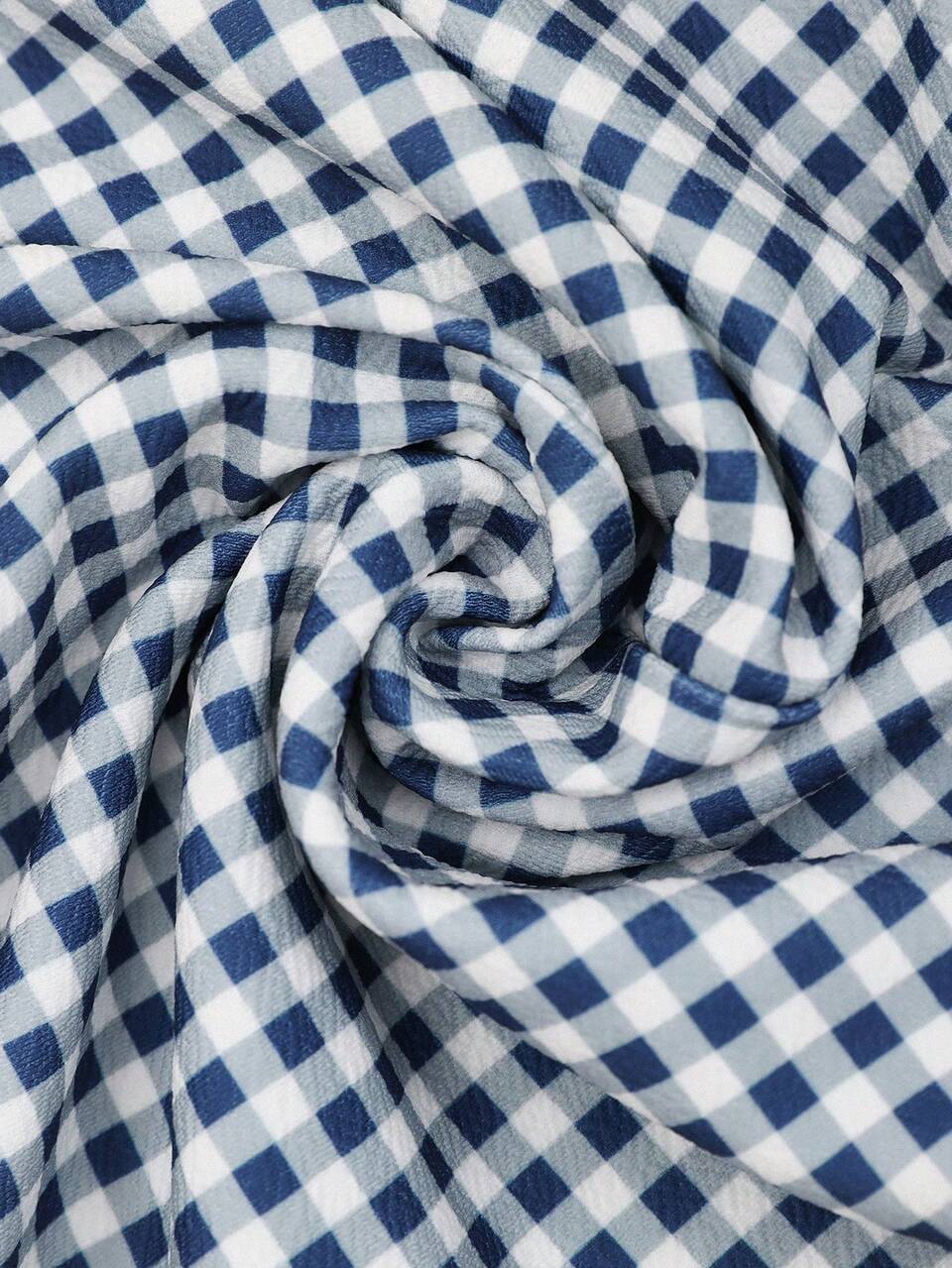 Women's Plaid Round Neck 3/4 Sleeve Fitted Elegant Mid-Length Dress Teachers' Day Office Navy And White Autumn