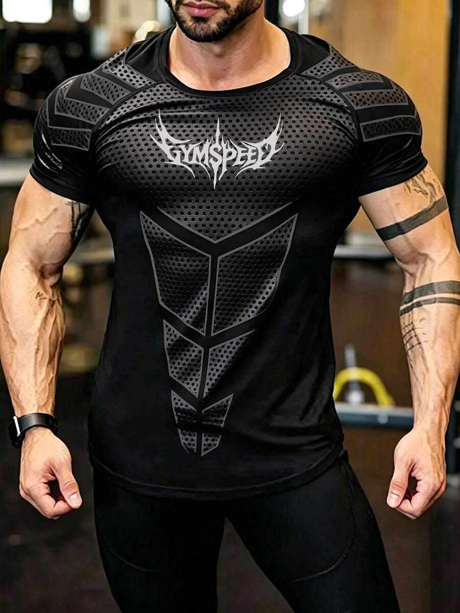 GymBeat 男士字母印花插肩袖短袖休閒健身運動T恤，健身房適用 - 彩色 - 查看 1