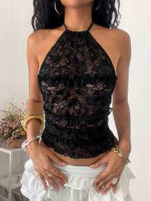 Jeanoix Women's Halter Neck Sexy Lace Backless Camisole, Fashionable Summer Night Out Black - Black - View 6