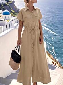 Isle Nomé Women's Spring/Summer Casual Short Sleeve Waist-Cinching Solid Color Long Dress Suitable For Daily Commute And Outings - Khaki - View 4