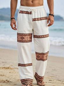 HIMLAND Men's Cream Wide-Leg Pants With Colorful Geometric Woven Stripe Bands. Elastic Drawstring Waist In Lightweight Linen-Blend. Relaxed Resort Style For B - Khaki - View 1