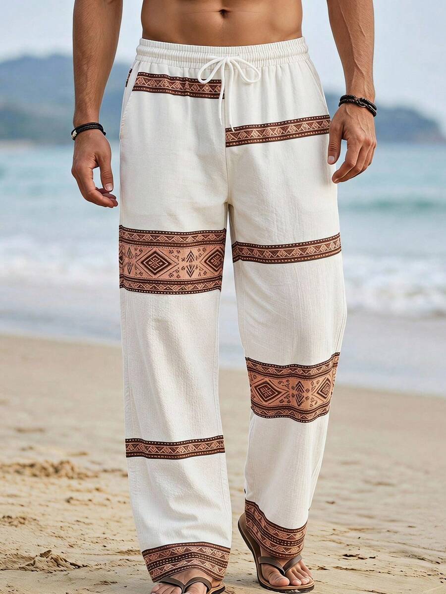 HIMLAND Men's Cream Wide-Leg Pants With Colorful Geometric Woven Stripe Bands. Elastic Drawstring Waist In Lightweight Linen-Blend. Relaxed Resort Style For B - Khaki - View 1