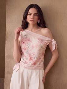 Anewsta Women's Spring/Summer One-Shoulder Square Neck Coconut Tree Elegant Beach Tea Party Date Party Wedding Blouse Shirt Floral Pink Floral - Pink - View 1