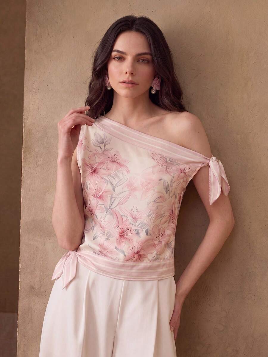 Anewsta Women's Spring/Summer One-Shoulder Square Neck Coconut Tree Elegant Beach Tea Party Date Party Wedding Blouse Shirt Floral Pink Floral - Pink - View 1