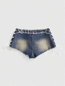 ROMWE Y2K Sexy Side Lace-Up Vintage Frayed Hem Ultra Short Denim Shorts For Women, Suitable For Daily Wear, Music Festivals, Vacations And More - Dark Wash - View 2