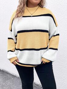 SHEIN LUNE 大尺碼秋冬休閒拼色拼接毛衣 - 彩色 - 查看 3