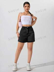 SHEIN ICON 女士休闲日常通勤水洗牛仔短裤，夏季 - 黑色 - 查看 6