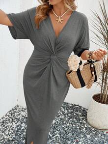 SHEIN LUNE Plus Size Women Solid Color Twisted Waist Mid-Sleeve Knit Bodycon Dress Vacation Evening Gray Summer Elegant - Dark Grey - View 4