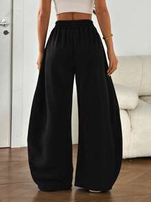 SHEIN PETITE Women's Solid Color Elastic Waist Loose Harem Pants ,Petite Women - Black - View 3