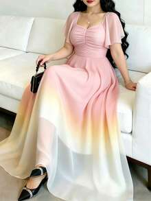 Modelyn 粉黃漸層印花大尺碼女裝長洋裝，時尚方領百褶荷葉袖設計簡約長裙，夏季收腰優雅長裙，適合夏季度假、日常穿著 - 彩色 - 查看 1