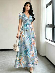 Modelyn Women's Floral Pattern Overlap V-Neck Short Puff Sleeve Elegant Long Dress - Multicolor - View 4
