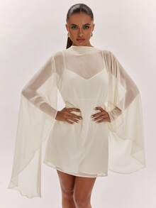 SHEIN BAE Vestido mini de mujer primavera/verano color albaricoque blanco, manga larga, cuello semi-alto, espalda descubierta, corte A, de gasa, minimalista, vestido blanco, vestido elegante, vestido sencillo para uso diario, vestido de vacaciones - Albaricoque - Ver 1