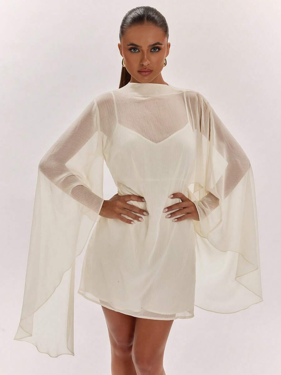 SHEIN BAE Vestido mini de mujer primavera/verano color albaricoque blanco, manga larga, cuello semi-alto, espalda descubierta, corte A, de gasa, minimalista, vestido blanco, vestido elegante, vestido sencillo para uso diario, vestido de vacaciones - Albaricoque - Ver 1