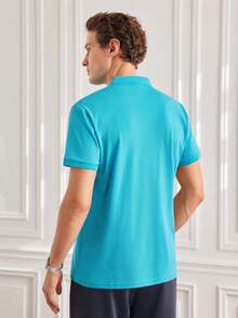 Officeau Men's Summer Lightweight Fabric Polo Shirt Slim Fit Short Sleeve Solid Color Collar Top, Suitable For Daily, Commute, Office, Light Sports - Mint Blue - View 3