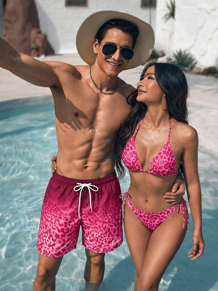 Manfinity Swimmode 男士抽繩腰豹紋漸層色休閒沙灘短褲 - 彩色 - 查看 1
