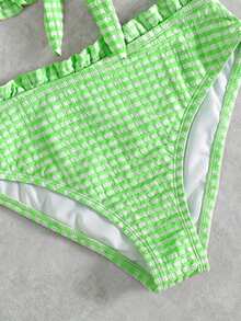 Swim Mod 新款女款優雅波西米亞 Y2K 柔粉色格紋紋理面料比基尼套裝，2 件式泳衣，包含平口荷葉邊上衣、前領結、可拆卸肩帶與高腰性感三角褲，柔軟彈性材質，輕盈透氣，可愛甜美復古海濱風，90s/2000s 風格，學院風，鄉村風，適合夏季海灘度假、泳池派對與音樂節 - 綠色 - 查看 8