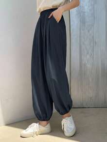 DAZY Women'S Loose Solid-Colored Lantern Pants, Casual Cropped Pants For Summer - Navy Blue - View 10