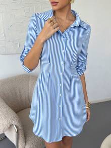 Lavishia 女款藍白條紋單排扣時尚休閒洋裝 - 藍白色 - 查看 5