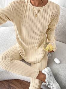 SHEIN Frenchy Drop Shoulder Ribbed Knit Tee & Leggings Textured Fabric Two Pieces - Apricot - View 4