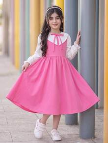 SHEIN Young Girl Young Girl College Style Colorblock Peter Pan Collar Long Sleeve Dress - Pink - View 3