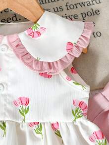 SHEIN Playful Pals 2件組女嬰幼兒0-3歲休閒日常水洗棉大領翻領無袖上衣與寬腿褲套裝 - 粉色 - 查看 6