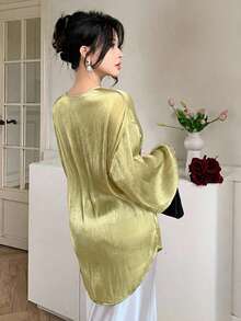 Joudiya Summer Yellow Chiffon Blouse, Slim Fit Elegant Commute Ruffle Waist Long Sleeve Women's Shirt - Light Yellow - View 3