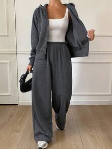 Livesso Tall Setelan Kasual 2 Potong Wanita Berbahan Payet, Atasan Sweatshirt Berkerudung dengan Bukaan Depan dan Celana Longgar untuk Musim Gugur - Grey - View 5