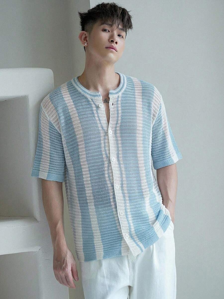 DAZY Top de punto de verano con bloques de color para hombre - Azul - Ver 1