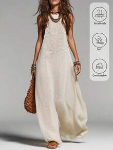 Hotletica Vacation Casual Solid Color Sleeveless Maxi Knit Dress - Apricot - View 3