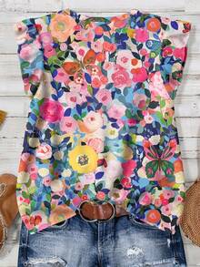 EMERY ROSE Plus Size Women Casual Floral Print Cap Sleeve Blouse, Suitable For Summer Tops Spring Outfits Modern Business Blouses Fall - Multicolor - View 2