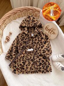 SHEIN Playful Pals 嬰兒女寶寶咖啡棕色毛絨內裡連帽卡其色長袖外套，秋冬時尚百搭外衣，復古豹紋毛絨連帽拉鍊夾克，女寶寶休閒外套 - 彩色 - 查看 7