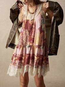 Bohemela Women's Floral Print Contrast Lace Hem Sleeveless Short Dress For Vacation Picnic Brown Floral Summer Boho - Multicolor - View 5