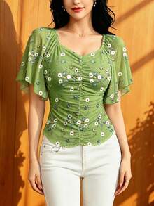 Modelyn 女款精緻碎花上衣，夏季時尚方領百褶飄逸袖設計，深綠色雪紡花卉圖案上衣，適合日常穿著 - 彩色 - 查看 4