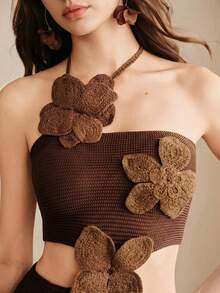 Anewsta Vintage Brown Strapless Cropped Tube Top And High Waist Bodycon Mini Skirt 2-Piece Set, Sexy Elegant Summer Outfit For Women, Fitted Cover Up With 3D Floral Applique - Chocolate Brown - View 1