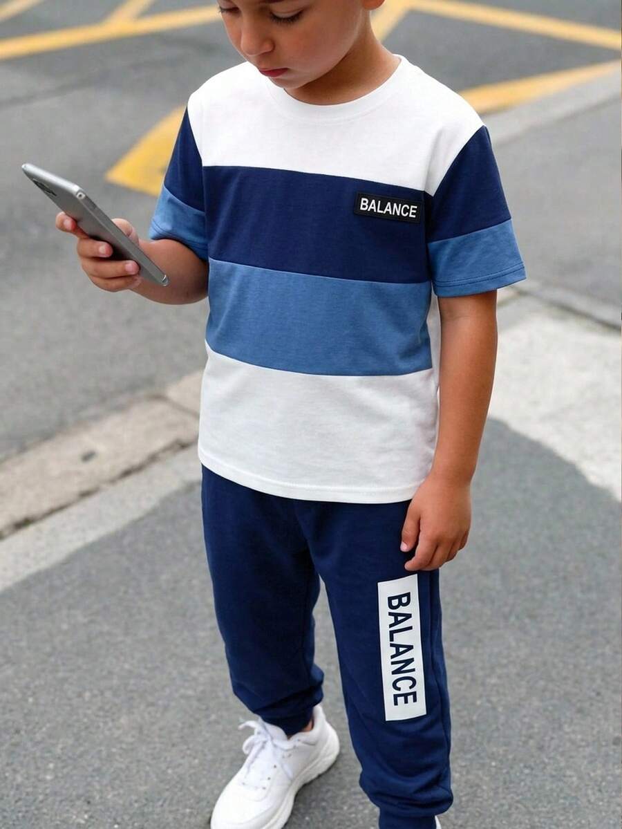 SHEIN Kids Tween Boy Casual Colorblock Patchwork Letter Print Crew Neck Short Sleeve T-Shirt And Shorts Set, Suitable For Commuting, School, Daily Casual, Outings, Sports, Spring And Summer - Blue - View 1
