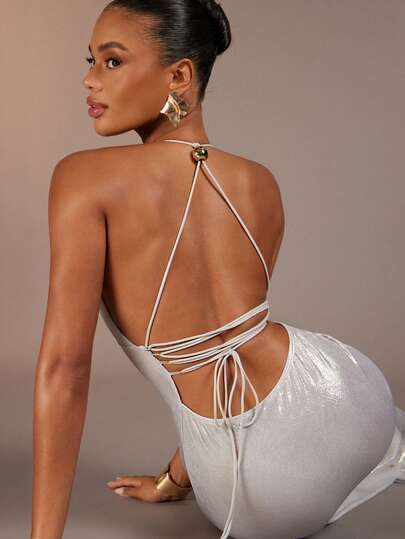 Hauture Robe longue sexy pour femme, sans manches, dos nu, à lacets, en feuille métallique