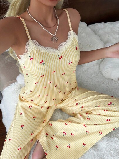 CottageSlumber Women's Knitted Striped Cherry Print Camisole Top And Pants Pajama Set, Sexy And Suitable For Outdoor Wear, All Season