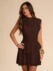 SHEIN BAE Spring/Summer Solid Dark Brown Stand Collar Sleeveless Ruched Chest Gathered Waist Multi-Layer Asymmetric Ruffle Cake Dress, Sweet Fairy Style - Coffee Brown - View 5