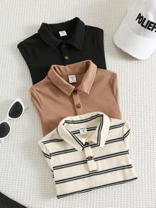 SHEIN Kids Young Boy Long Sleeve Versatile Casual 3pcs Pieces Set Polo Shirt - Multicolor - View 1