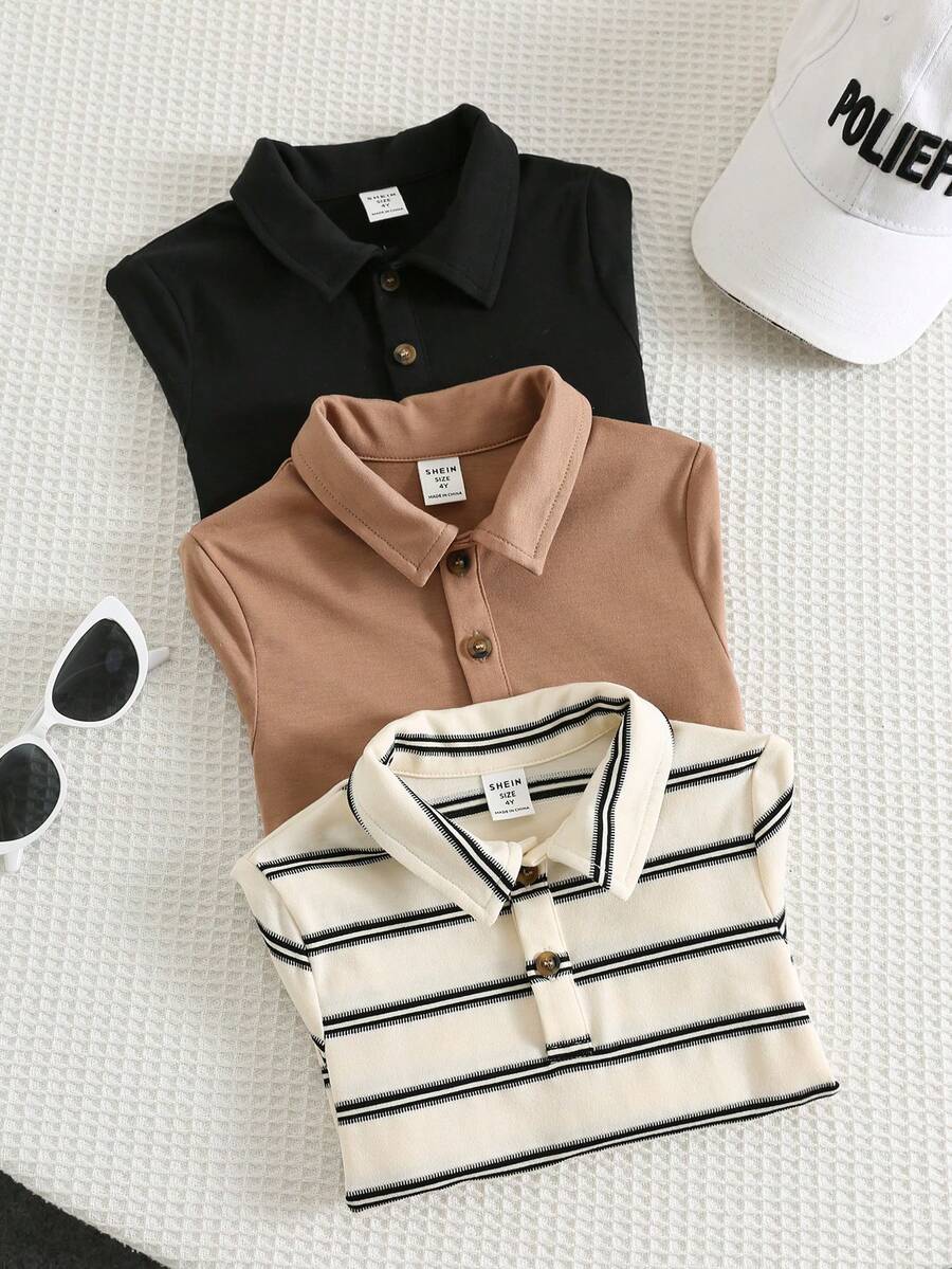 SHEIN Kids Young Boy Long Sleeve Versatile Casual 3pcs Pieces Set Polo Shirt - Multicolor - View 1