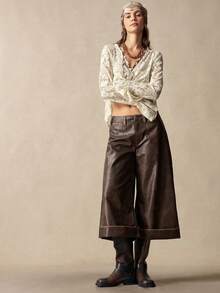 Bohemela Casual Solid Color PU Leather Washed 3/4 Length Pants - Brown - View 6