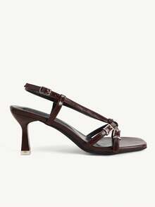 CUCCOO CHICEST French Premium Brown Square Toe Button High Heel Sandals, Commuter Dating Versatile Open Toe Slingback Sandals - Brown - View 3