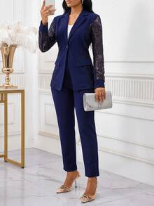 SHEIN Lady 四季海軍藍女式西裝套裝 蕾絲拼接套裝 夏季商務辦公 典雅休閒 - 藏蓝色 - 查看 4