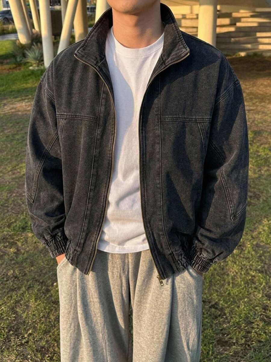 DAZY 秋季純色藍色男士牛仔夾克 - 黑色 - 查看 1