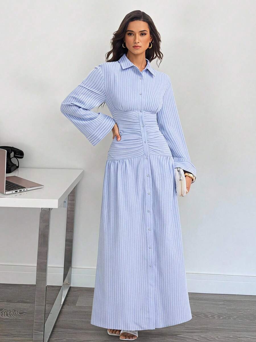 SHEIN Tall 女款條紋喇叭袖單排扣抓皺腰休閒A字襯衫洋裝，春季風格 - 藍色 - 查看 1