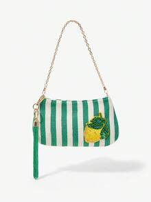 Viva Strut Ladies' Fashionable Simple Vacation Summer Green And White Stripes Yellow Sequins Lemon Decorative Fringed Metal Chain Shoulder Bag, Vacation Seaside - green and white - View 5